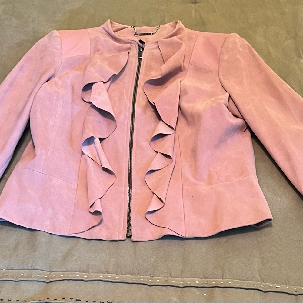 White House Black Market Leather, Suede Blush Pink Ruffled Women's Jacket, Small